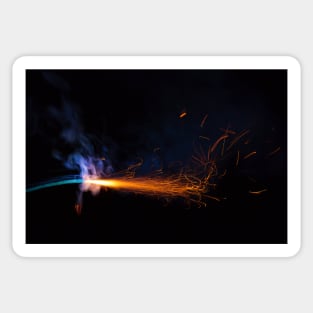 Burning fuse with sparks and blue smoke isolated on black background Sticker